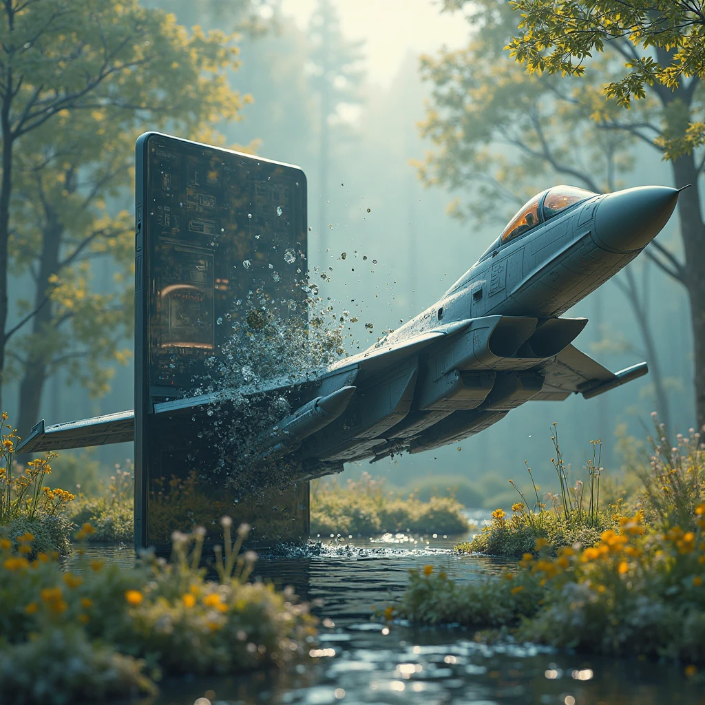 smartphone popping out through the screen、An F-15 fighter that is half buried in the screen of a