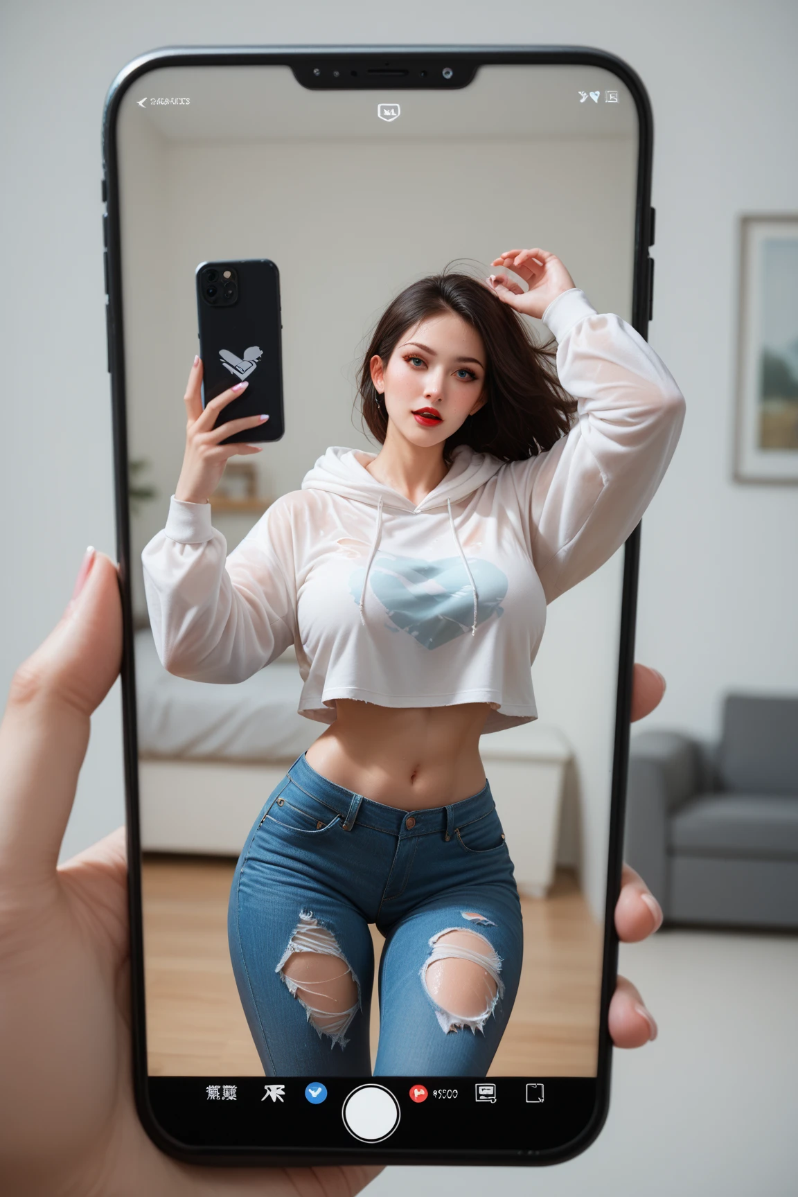 A stunning photorealistic portrait of a young Korean woman, sitting on the floor of a modern, minimalist living room. Her long, straight dark hair frames her face as she takes a mirror selfie, holding a smartphone. She is adorned in a light blue halter bra and light-colored panties, showcasing her curvy, large-sized chest. A graceful white Persian cat, possibly a Maltese, lays beside her, its paw gently touching her hand and its gaze locked on her. The room's clean, cozy atmosphere is reflected in the large mirror, emphasizing the sense of tranquility and harmony. The gray sofa and light-colored walls, paired with a white ceiling, create a serene backdrop for this intimate moment.