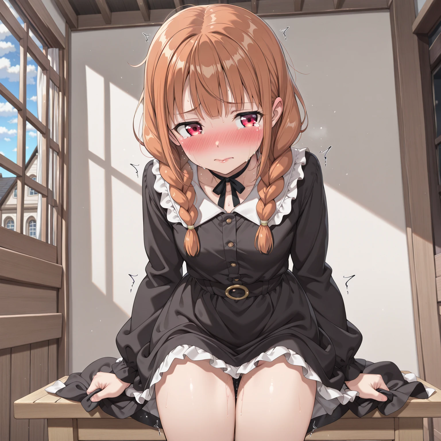 Cute little beautiful girl、Young face、Big Ass、(Sad crying face blush:1.3)、Beautiful Eyes、Brown skin、Braid、Frills、Lift up your skirt、Open your ass crack