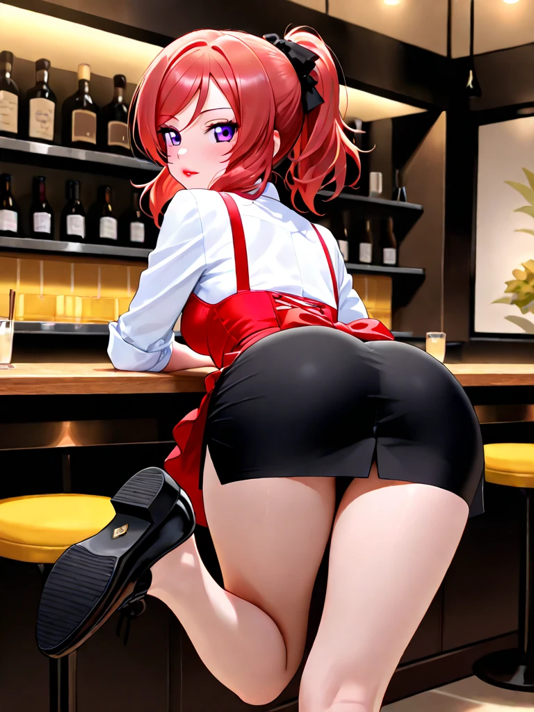 ((1 female)), (fucked), (long ginger hair with ponytail), Blue eyes,(fox ears:1.1),, (black idol lingerie), ((almost naked)), (long idol skirt), (big breasts:1.2), busty, blush, (cum:1.3), (fullbody), backview, nice butt