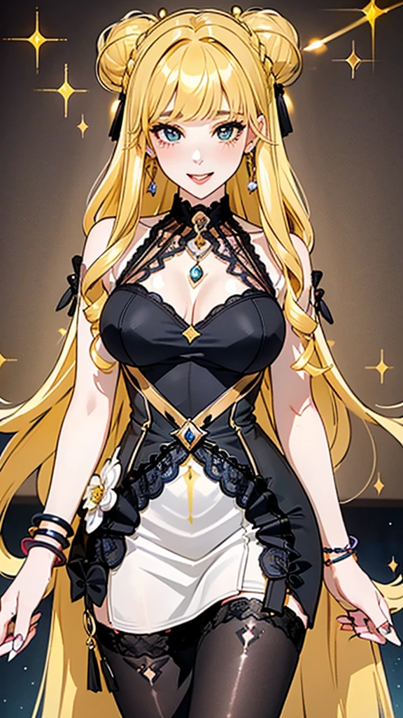 (( straight face picture )) ((best quality)), ((Masterpiece)), (details), Young woman , yellow hair , long hair , tie up hair ,With a red bow , Reserve female magic , blue eyes ,Blue purple set, Gold pattern, wearing a big brimmed hat , Magician , The dress is very beautiful. ,long dress