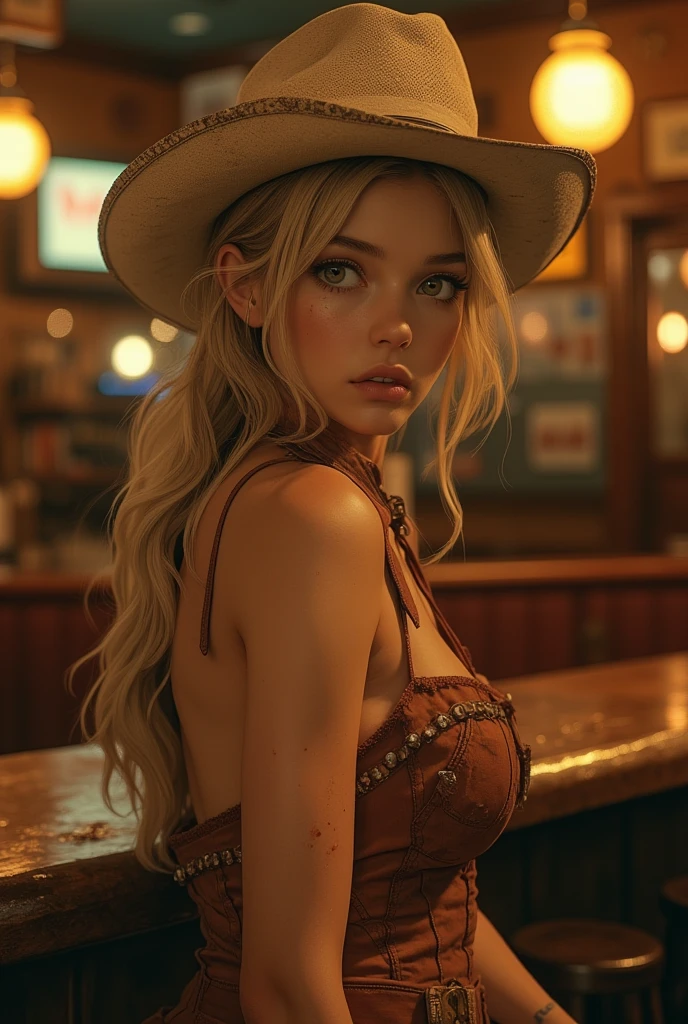 beautiful detailed eyes, beautiful detailed lips, extremely detailed eyes and face, longeyelashes, 1 girl, short blonde hair, cowboy, saloon, old west, sitting, smoking pipe, table with whisky, piano, 6 bullet revolver, barrel, playing cards, dust, (best quality,4k,8k,highres,masterpiece:1.2),ultra-detailed,(realistic,photorealistic,photo-realistic:1.37),concept art, photorealistic, dramatic lighting, warm color palette, cinematic composition