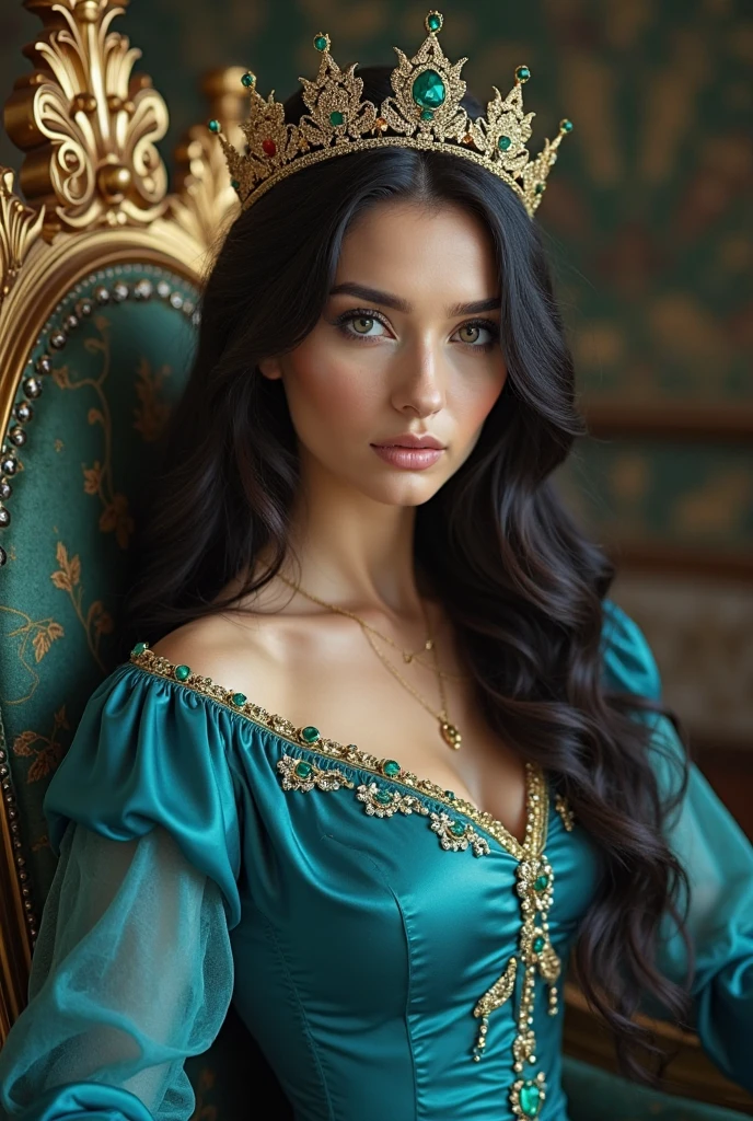 ((A professional high quality pre-Raphaelite painting)), ((high quality, 4k, realistic anatomy, realistic face, high detailed face, high detailed skin)), (medieval period nobility), (beautiful mature 27 years old Javanese woman), ((modest clothing)), (busty), very long blonde hair, (visible pores), focus on the eyes, shy smile,  ((chubby body)), Indonesia corridor background, (angular face, slightly masculine feature face), half body, sitting pose, ((DSLR lighting)),
