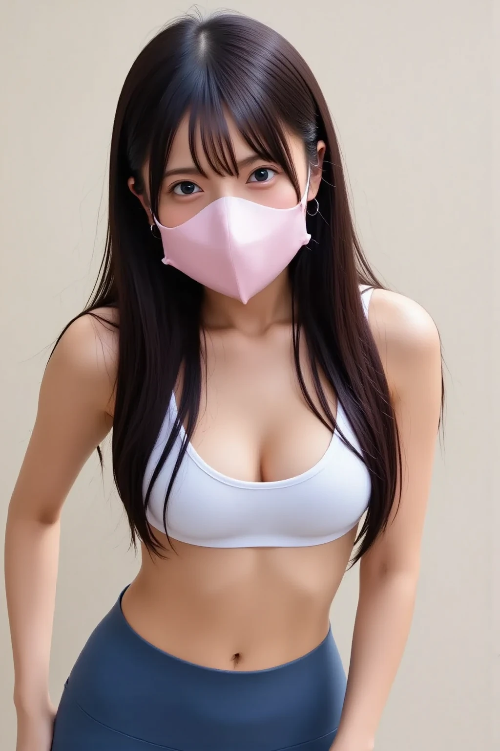 Highly detailed CG Unity 8k wallpaper, of the highest quality, masutepiece, Realistic, photographrealistic, Highly detailed beautiful woman, 42 year old,(((Bery short hair)))、(((Large breasts)))、cleavage , (get sweaty) ,  Round eyes,  ((You can see the shape of the nipple through the clothes))、Realistic female hands、viewer,  blush, Smile, ((Tall pretty woman))、((Vertical navel))、Parted lips, full body photographed ,  Tank top ,  Lewd sportswear ,((Muscle training))、 squatt, (((Thin sportswear)))、sports gym、erect through、Muchimuchi、Frontal photography、((wearing mouth mask、mouth mask fit his face)、