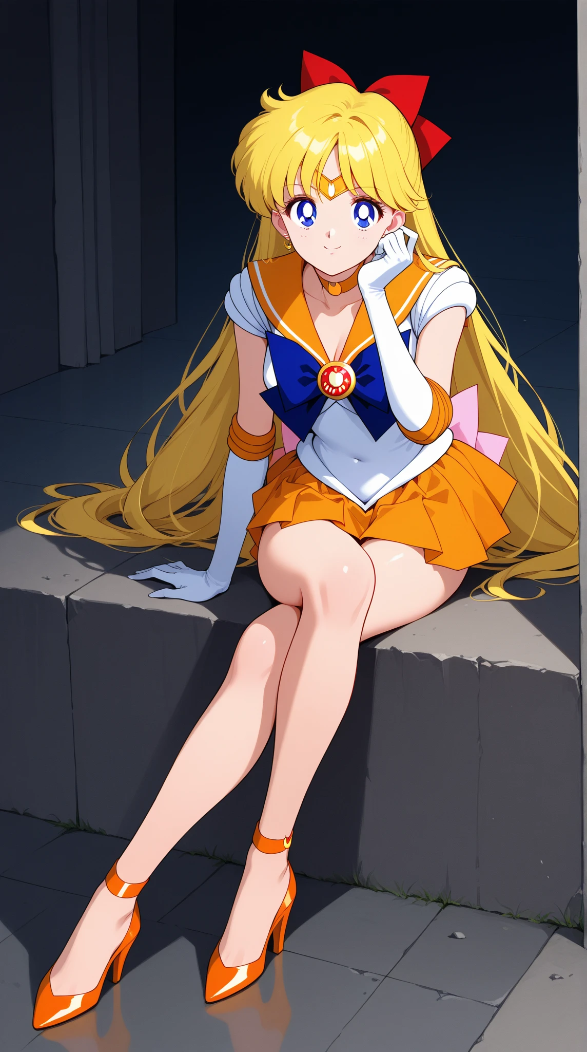 ((​masterpiece:1.4)、(top-quality:1.4)、(reallistic:1.7))、sailorvenus、masuter piece:1.4、physical educational sitting,show panties,teens girl、(Sailor Moon:1.4)、sitting on、Open your knees wide from side to side、Spread legs,Show white panties,、Glossy panties、Ultra mini skirt、White panty、sailorvenus、Body Fit Sexy Sailor Senshi Uniform、(latex shiny)、Ultra mini skirt、White panty、(The jacket is a white sleeveless sailor suit)、(Skirt is blue sexy ultra ultra mini skirt)、The collar of the sailor suit is blue with two thin lines.、high leg swimsuit、Red cloth ornament at chest、(Wearing white gloves)、Kawaii Girl、Super beauty、foco nítido、Portrait photos、Upper body photography:1.4、Beautiful expression、beautidful eyes、Narrow waist、(Yellow hair:1.4)、(length hair:1.2)、Raw photo、red-lips、Red high heels:1.4、a choker:1.4、a necklace:1.4、耳Nipple Ring:1.4、Luxurious golden tiara on forehead:1.4、1 screen display、Outdoor landscape