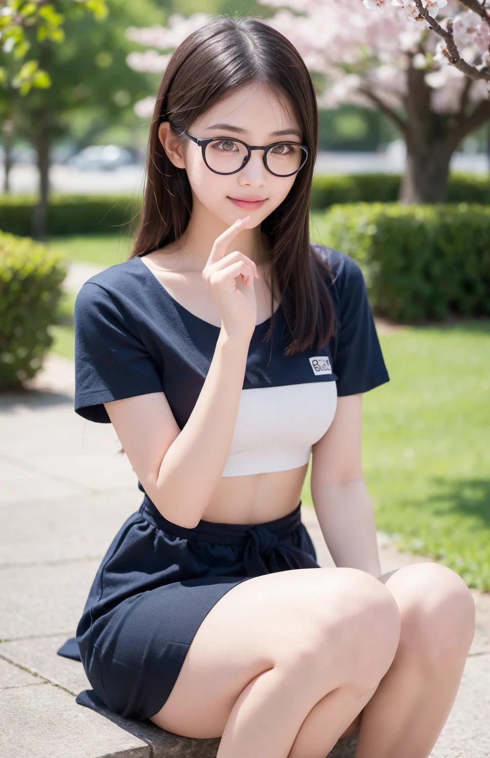 1girl,cute girl wearing glasses,NSFW, masutepiece, Best Quality, 8K,The cutest face,detailed face,Chic dress for a garden party,Pose appreciating artwork at the art gallery
