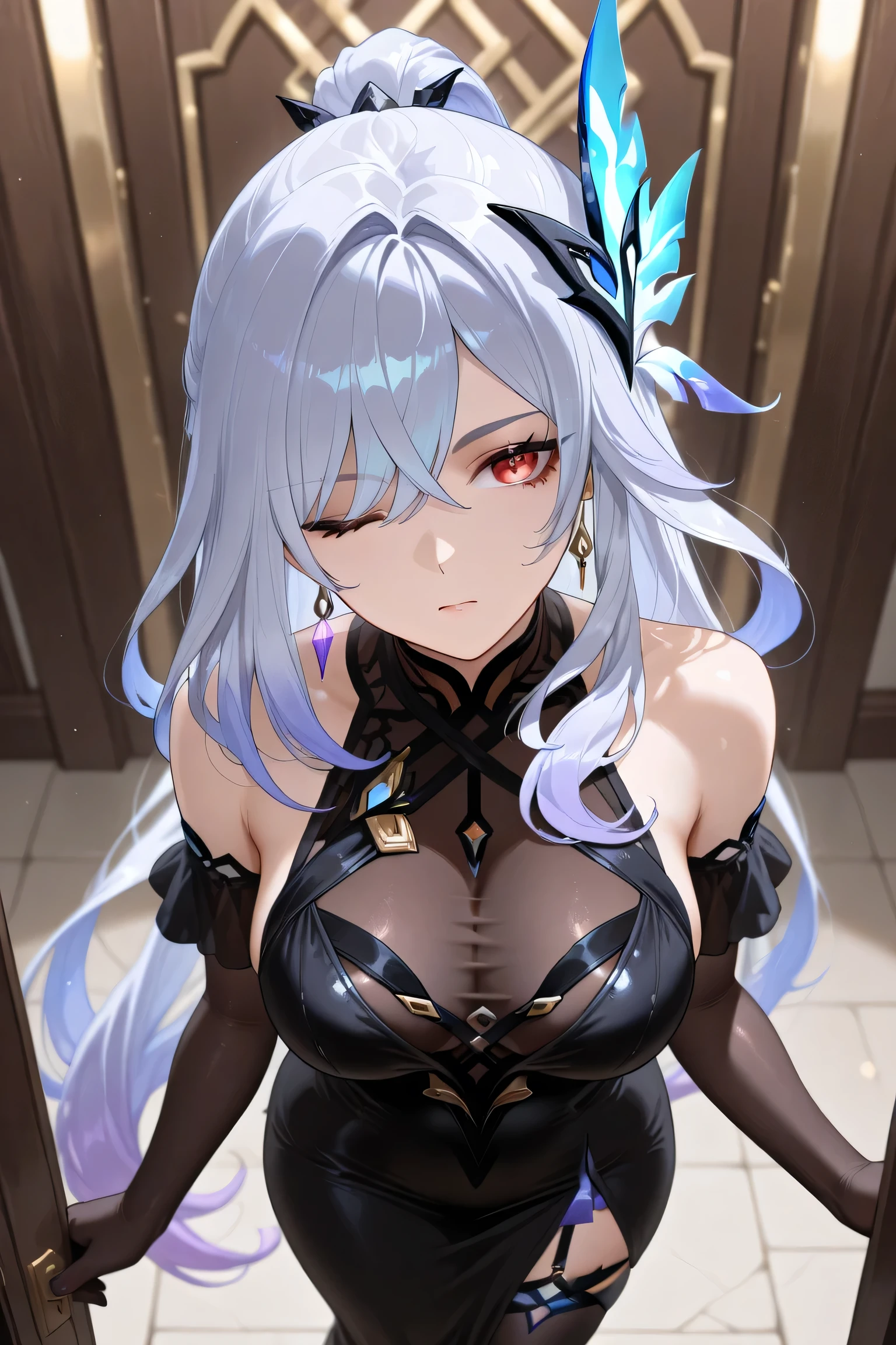 (masterpiece, Best quality:1.2), 1 girl, Single, leather details, beautiful facial features, Exquisite makeup, exquisite eyes, Eye details, hair, flicker