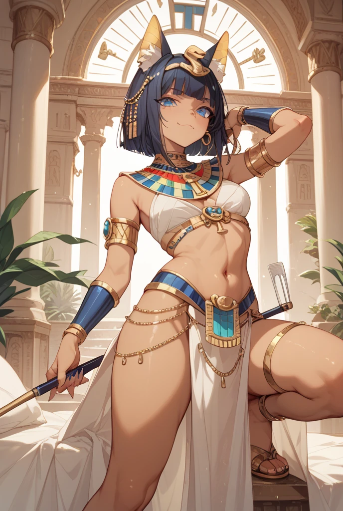 Anime Egyptian warrior woman, Short blue hair, purple eyes, golden earrings rings Golden Bikini armor, golden bracelets, golden belt with white loincloth, bare legs, holding two blade swords.