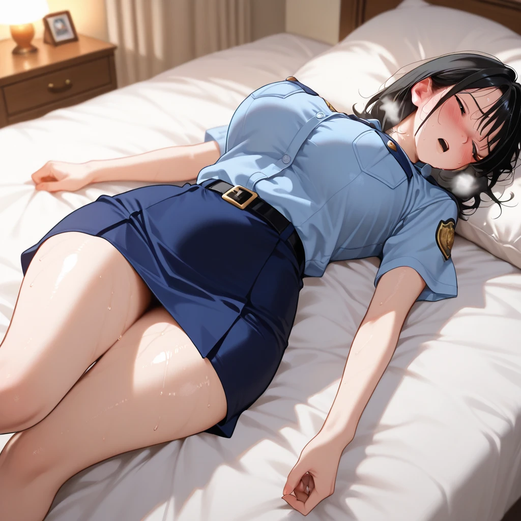 (masterpiece, highest quality:1.2),1 cowboy shot,girl,18 year old beauty、solo,ponytail hair,dark purple hair,shy,slender body,skinny,medium breasts,oily skin,shiny skin,Police uniform、light blue shirt,Collared shirt、Short sleeve、Black mini skirt、Black panties、Wet crotch、drip pee,squatting,spread legs,Simple bed,Simple bedroom、