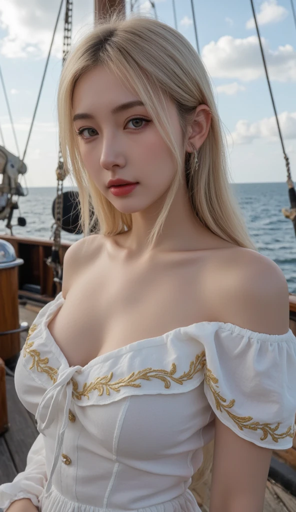((1girl)), in naked, instant camera flash, pose at yacht with sea as a background, makeup with glossy lip, small breasts, (girl in the yacht:1.4), various angle, ((faced focus)), 22 years old, Beautiful Korean K-pop Girl, standing front pose, (nsfw:1.4), realistic light, realistic skin tone, pussy slip, (braided bun blonde hair:1.2)