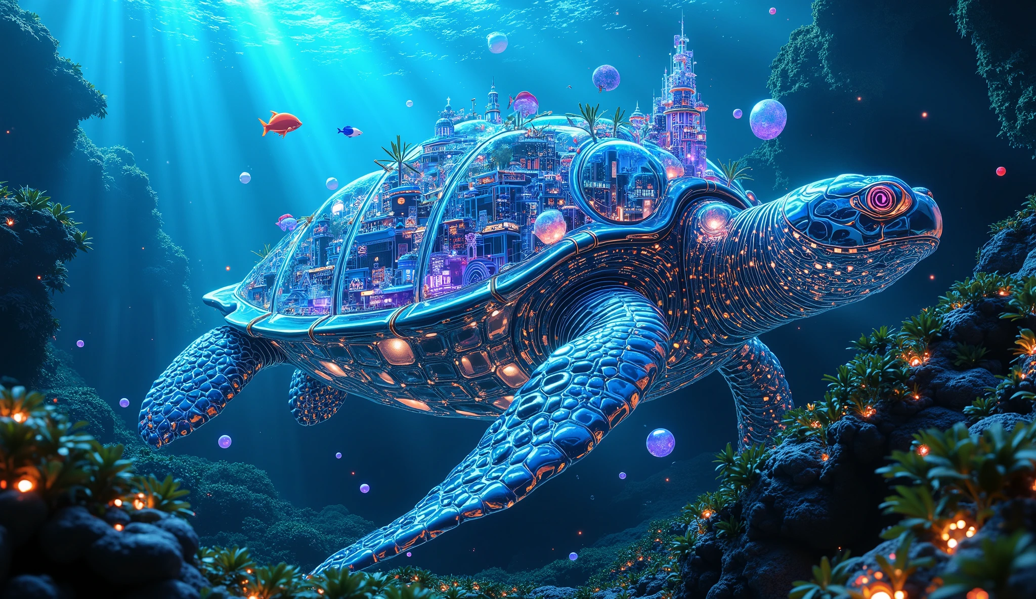 Giant ancient sea turtle swimming through dense underwater kelp forest, massive transparent futuristic city built on turtle's shell, glowing neon architecture, bioluminescent jellyfish floating around city structures, mermaids and exotic fish swimming through transparent building corridors, ethereal underwater sunbeams piercing through kelp canopy, vibrant neon color palette, intricate details, volumetric lighting, bubbles catching light, iridescent scales, magical underwater atmosphere, hyper-detailed, James Gurney, Hayao Miyazaki, digital art, fantasy illustration, 8K resolution, octane render, cinematic lighting, subsurface scattering, photorealistic textures, underwater photography, vibrant blues and greens, glowing pink and purple accents, depth of field
