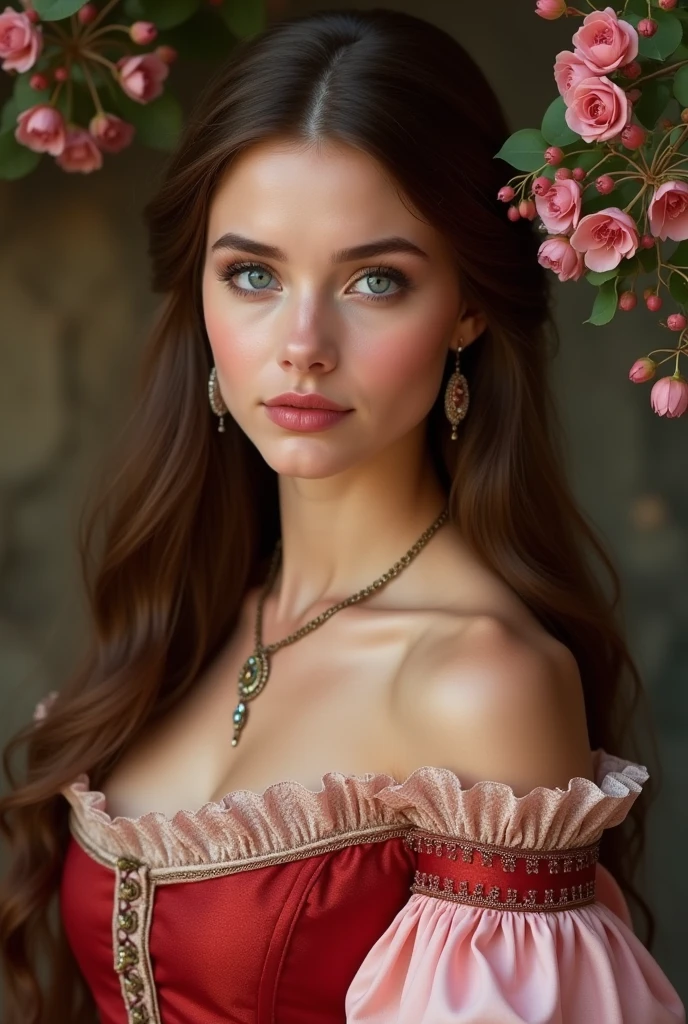 Ultra-high resolution, best quality, photo, 4K, (Practical:1.4), Girl with a garland on her head, Long blond hair, Large, firm breasts, Hard nipples, sexly, Sharp eyes, rest, Dynamic sexy poses, Sweat, Wear (Red:1.2) Sheer Long Ruffle Dress, Lace long cape, jewelry, Cleavage exposed, Add light purple and purple, Add light red, Intricate details, Startup Screen,
