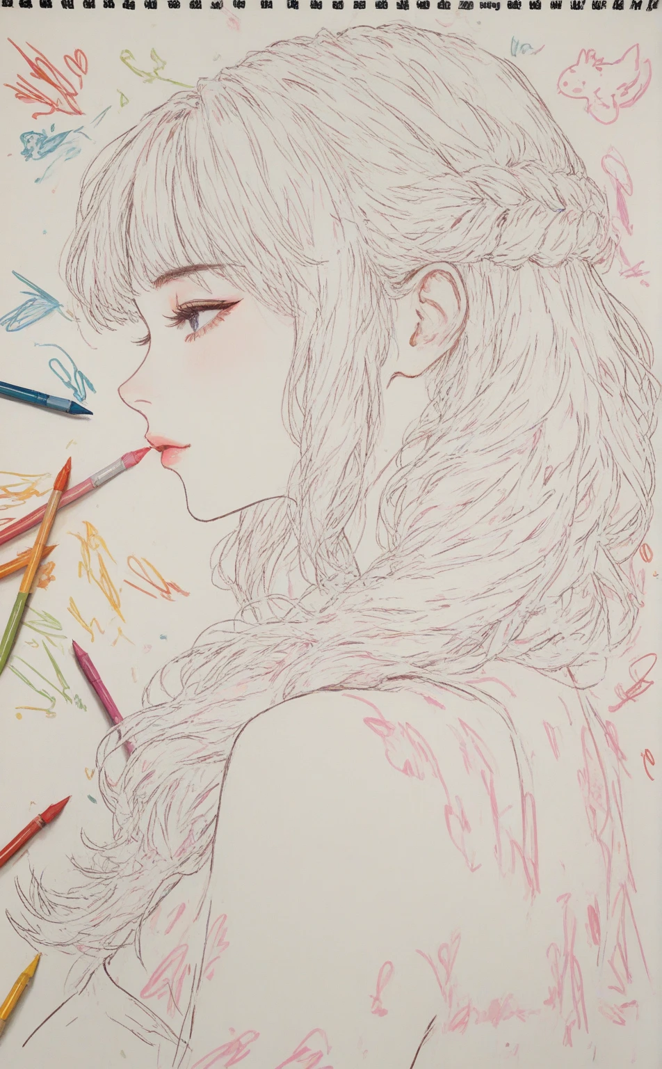 Stick figure American style,Graphic illustration about shampoo products,A long-haired girl,hair flowing down,The hair is very flowy,There are many cherry blossoms in the hair,Cherry blossom garland,The girl closed her eyes,Hold your cheeks with your hands,affectionate,intoxicated,perfect works,fresh flowers,closeup of face