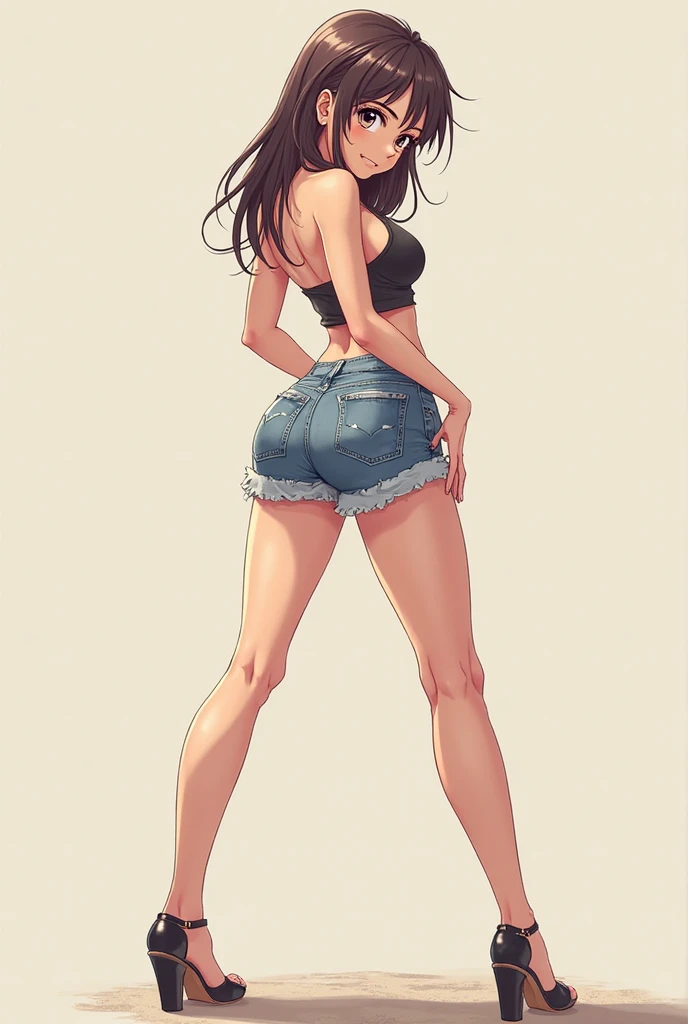 young teen girl, beautiful face, brunette hair, crop top, sideboob, daisy dukes, thick thighs, ((full body view)), armpits, outdoors, sneakers