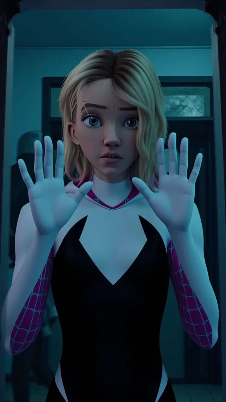 sgwen, spider-gwen, gwen stacy is gangraped group sex 1girl multiple boys explicit sexual scenes into the spiderverse rendering style, it looks like a scene from the movie, spider-verse movie animated style, yuri touching, cameltoe pussy lips squirt, lesbians
