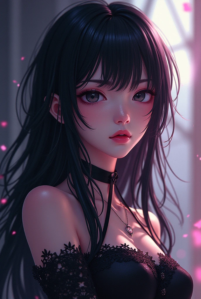 Woman with medium long straight black hair with red tips, brown eyes, brunette skin