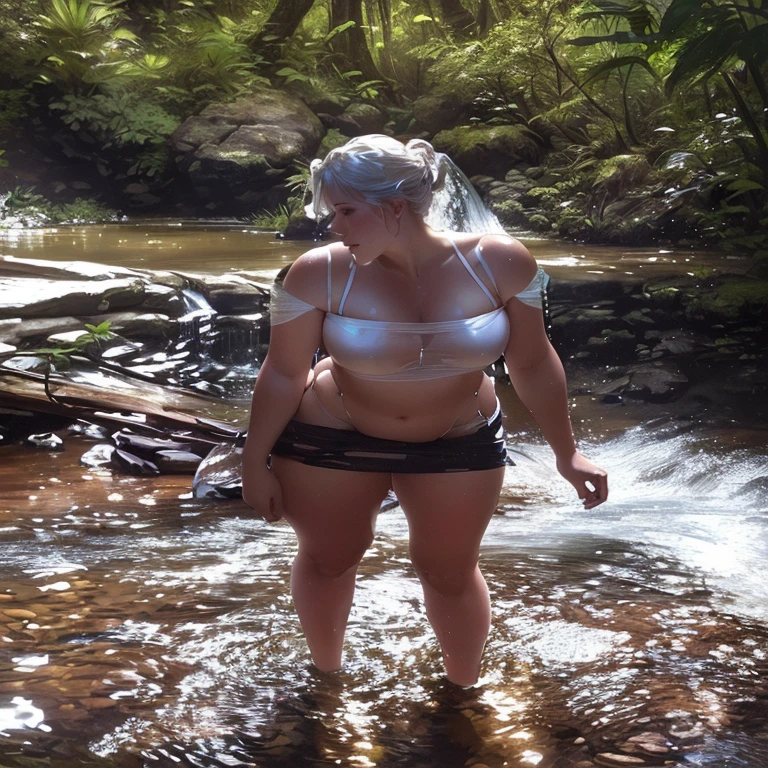 photo of gorgeous coquettecore blonde pigtails bang 36dd bra model in front of the madness waterfall ribs of decay of the superficial horror saw•2004 horror acid scene by Gerald brom