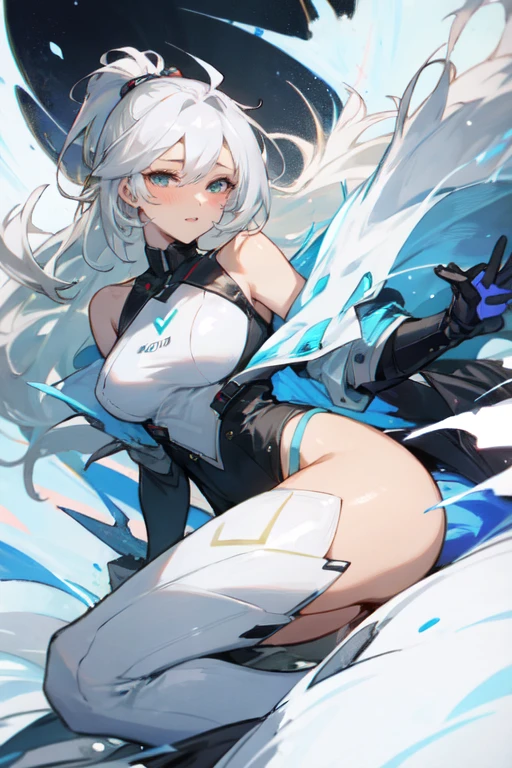 Slender beautiful girl、(White and blue futuristic space station background):1.2、Tight-fitting bodysuits of the near future、hight resolution、top-quality、The ultra-detailliert、Fine details、Does not blush cheeks、knee high、Undersized breasts、shorth hair、head phone