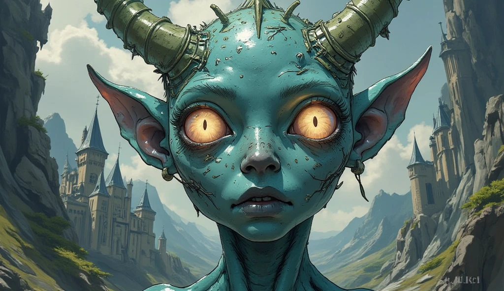 score_9, score_8_up, score_7_up, score_6_up, source_cartoon, 1girl, portrait face, (close up:1.4), white background, simple background, concept art, blue imp, freckles, small horns, short, bald, petite, pointy ears, leathery wings, cute, glowing eyes, yellow glowing eyes, no eyes, smirk, nude, four horns, sharp teeth, high angle