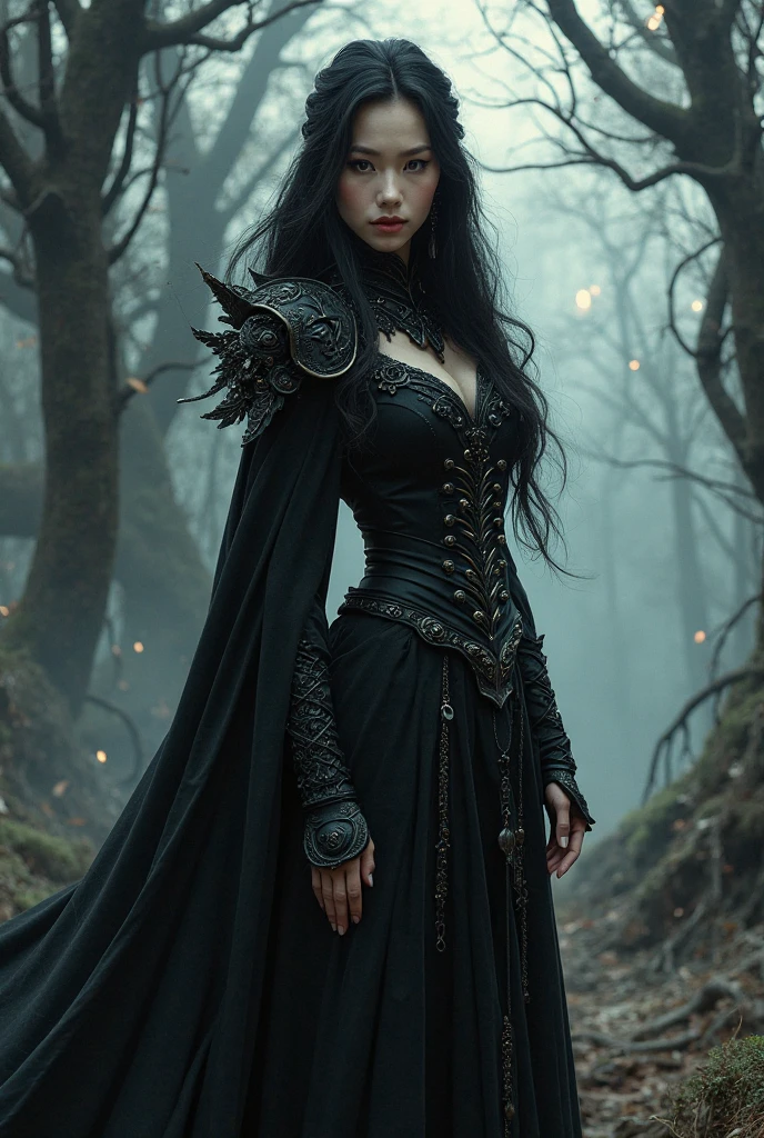 a dark evil sorceress woman, detailed portrait, dramatic lighting, high contrast, cinematic, chiaroscuro, piercing eyes, long black hair, pale skin, dark makeup, pointed chin, sinister expression, intricate ornate dress, flowing cape, mysterious aura, dark fantasy, (best quality,4k,8k,highres,masterpiece:1.2),ultra-detailed,(realistic,photorealistic,photo-realistic:1.37),dark moody atmosphere,dramatic shadows,dramatic lighting,dark color palette,dark and gritty
