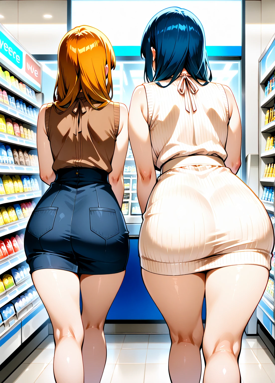 ((A high resolution)), Masterpiece, High quality, Best quality, Beautiful, Perfect lighting, Detailed face, hyper cute face, ((2girls)), A girl has blonde hair, Blue eyes, Crop tops and shorts with skin dents, A girl has brown hair, Green eyes, Jeans, White shirt, Thigh clothes, full bodyesbian, fast food restaurant, Medium breasts, lively breasts, cleavage, ,thick thight，The thighs are fat，The thighs are thick，Tear the front of the garment，revealing breasts，A sagging breast，Breasts during lactation，Areola Clearly Visible， (Thin areola)， Areola, Inner seam, cleavage，（no brassiere），（with no underpants），（Exposed ass） ,The chest is huge，（Protruding swollen breasts are particularly massive），Beautiful big breasts, (Big breasts: 3.0)、 (Mature breasts: 3.0), huge tit、Huge tits、gigantic cleavage breasts、Large breasts、Big breasts Thin waist、Slim waist、Tight waist,Giant buttocks、gigantic hip、Large buttocks，((Wide hips)), ((Thick thighs)), (), ((Chubby)), Chunky belly, Fat folds, standing, (Scratch the belly)