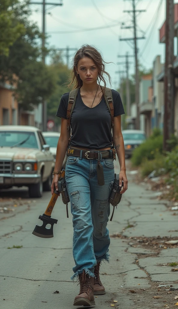 Girl, 17, with light brown hair and dark blue-grey eyes, pale complexion, in The Walking Dead art style. Holding a bow. Wearing jeans with a holster holding a knife on her thigh. And a white, dirty t-shirt covering her stomach. And wraps on her arms.