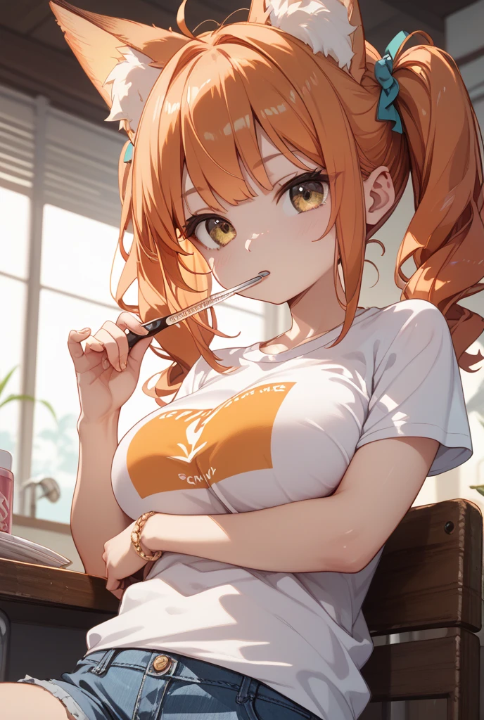 (Highest quality, 8K, masterpiece :1.3),Mrs. Yuigahama,ガハMom, As I expected, my youth romantic comedy is wrong。, One woman,30 years old,Mom,Orange Hair,Bun Hair,nsfw,Blowjob,front,Holding a penis in your mouth,Man's lower body