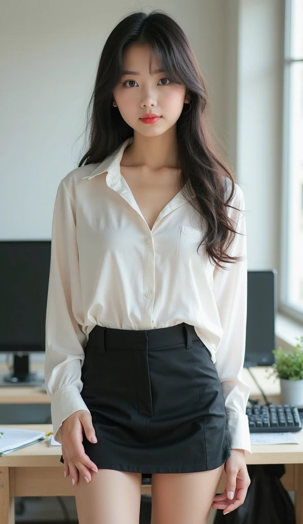 Generates an image of a beautiful young woman with an athletic body, light brown hair and green eyes, about 18 years old dressed in office clothes and a short skirt sitting at a desk