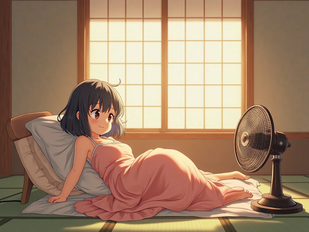 One Woman、young、Black and pink hair、Short Hair、Tuck hair behind one ear、Large Breasts、Close ~ eyes、Sleeping comfortably、Lying on the bed、Full body portrait、Overall image、A wooden study、The bed is placed、Houseplants are placed、Women&#39;s Room、night、Starry sky seen from the window、Sleeping clothes、Overhead view