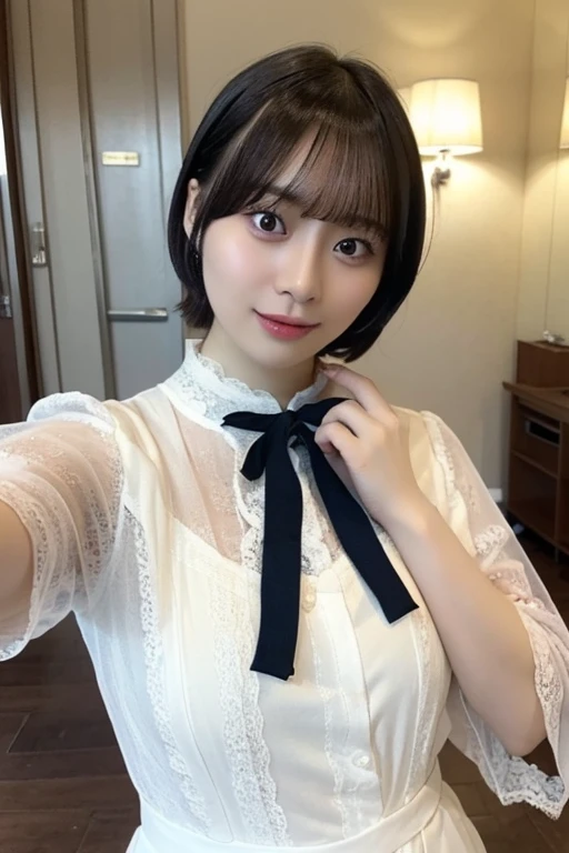 1 Nogizaka Musume、very cute、beautiful girl、19 years old、(gothic fashion)、beautiful face, Exquisite details of eyes and skin、fine black shiny hair、Classy ruffles、frilled tie、ribbon tie、rose hair accessories、(smile at the camera)、(cowboy shot)、(sea of europe)、professional lighting、break、(realistic、Photoreal:1.37)、8K、(masterpiece)、(highest quality:1.4)、(Super high resolution:1.2)、 (Raw photo:1.2)、(delicate lace、soft fabric、beautiful rose pattern dress)、perfect anatomy、4 fingers and 1 thumb、seaside background、(Wallpaper by Unity 8K)