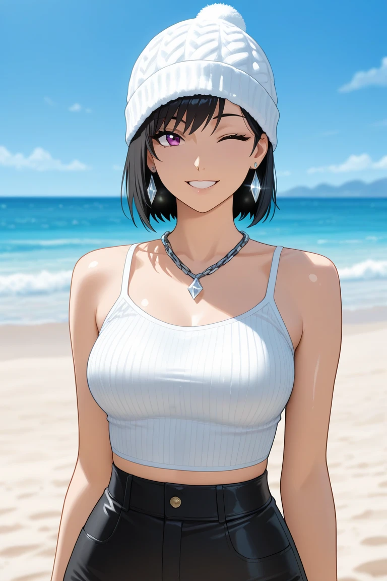 1 girl, red eyes, very Short hair, black choker, lipstick, half body, smile, black hair, small breast, bikini, beach background, behind