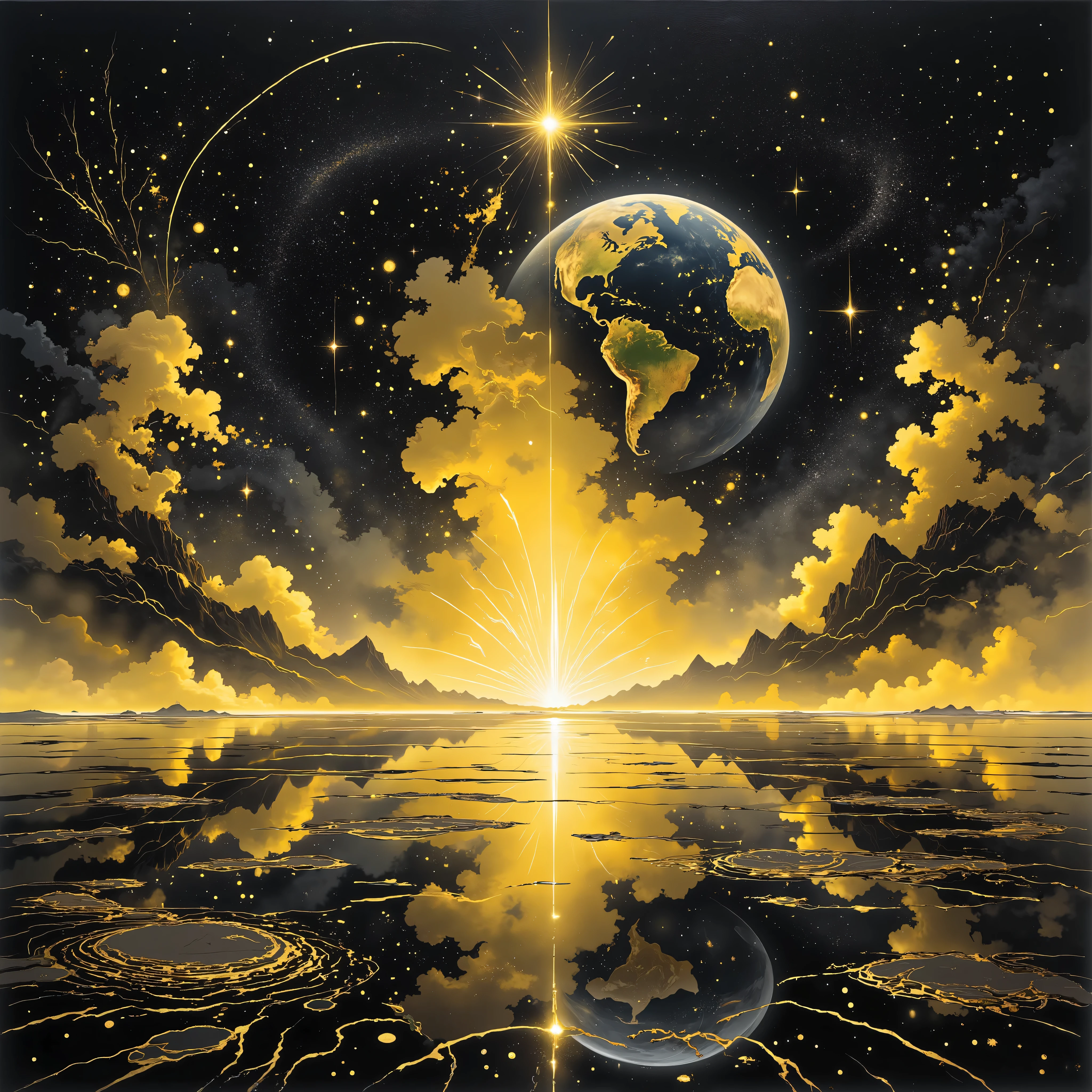 A large expanse of water in space, with images of beautiful earth reflected in it.rearistic,yellow water