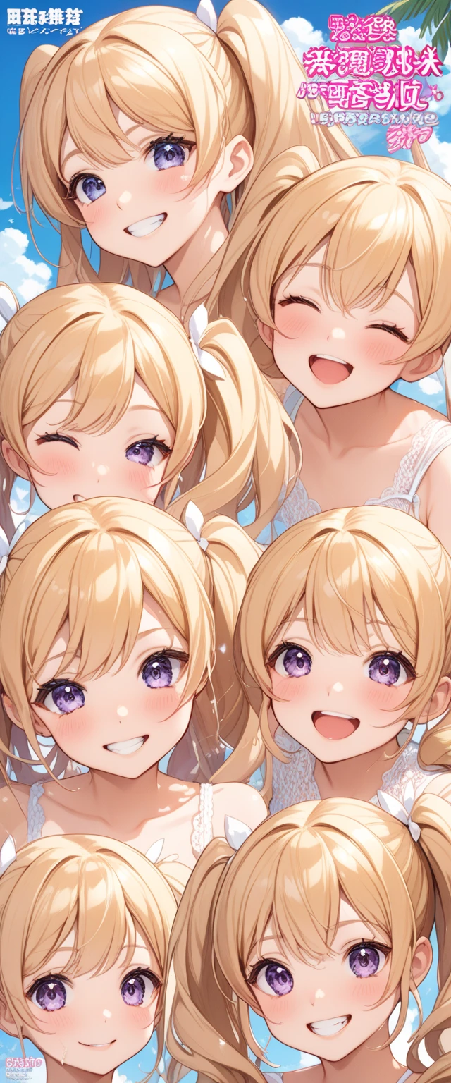 (masterpiece, best quality), best resolution, (3heads:1.5), 1girl, blond hair, blue eyes, white tank top, winking, smiling for the camera.