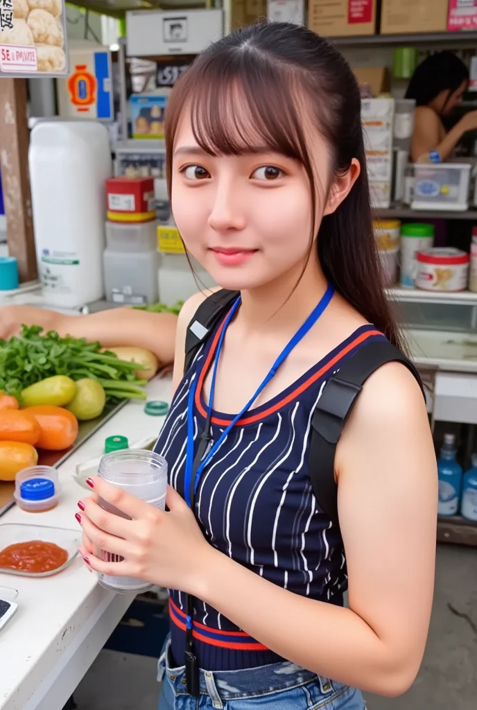 Highest quality, Masterpiece, ultra high definition, (realistic: 1.4), raw image, 1 woman,( Street Food Stall, food market with classic style, ramen, coke, ice water )