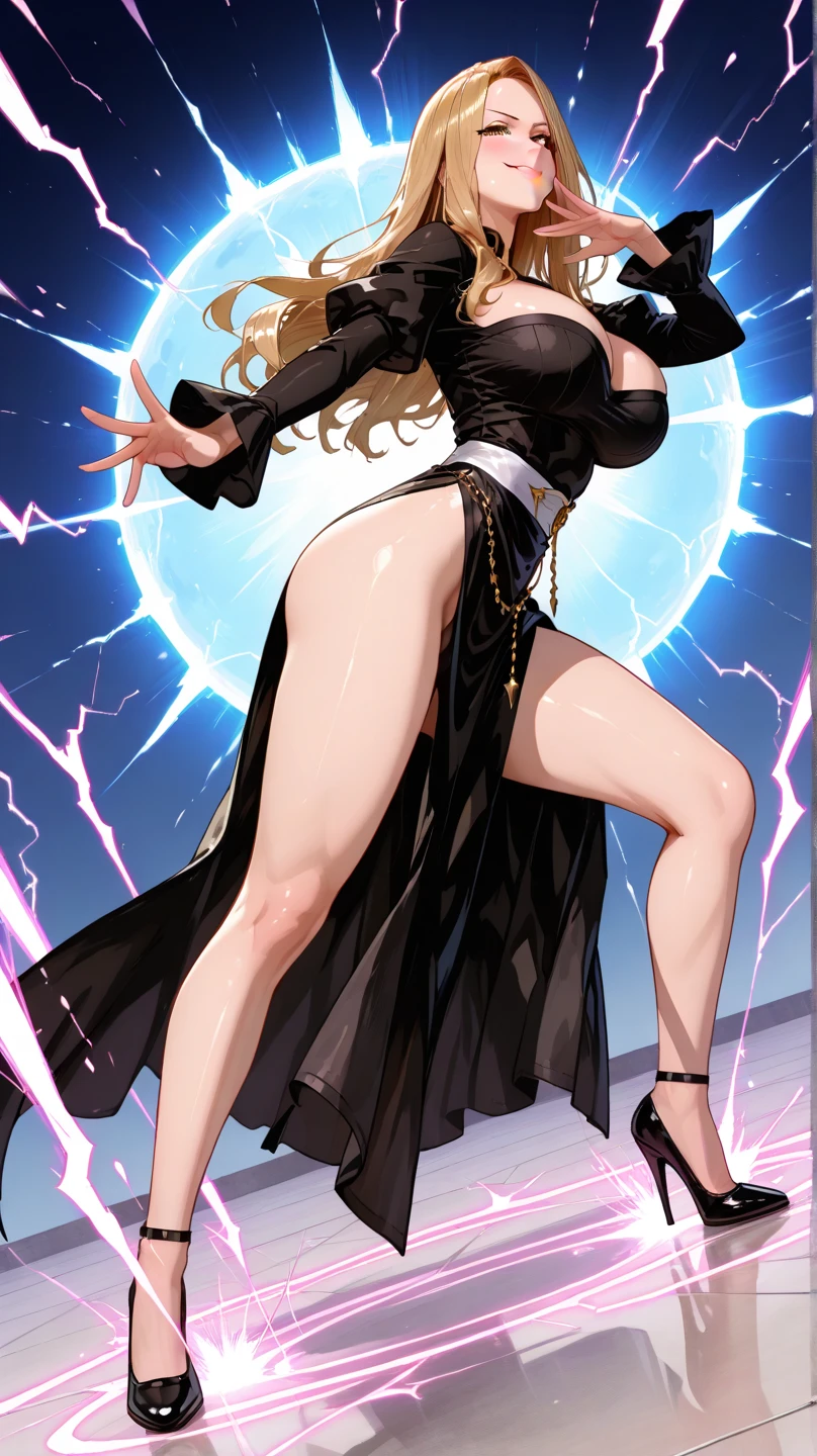 masterpiece, high quality, best quality, 1girl, solo, (muscular female:1.0), (super gigantic breasts:1.0), (closed mouth, half smile), queen marika, plunging neckline, armlet, cleavage, yellow eyes, black dress, circlet, blonde hair, black dress, bare shoulders, long hair, hair over one eye, anime screencap, anime key visual, (fully clothed:1.0), full body <lora:queen_marika:1.0>