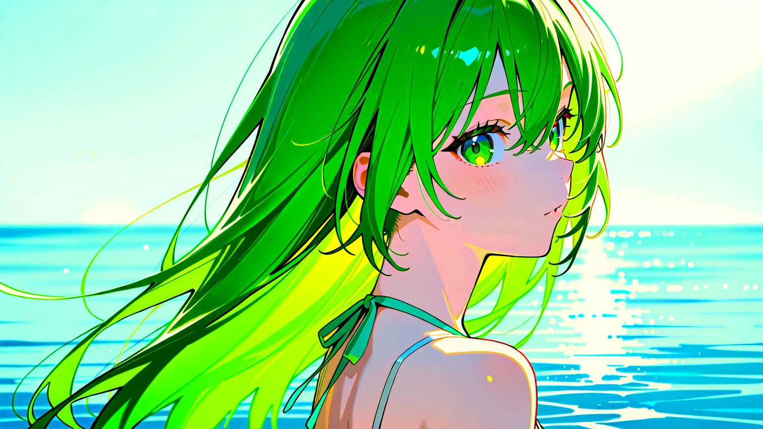 Best quality, High resolution, Perfect human structure, Cat ears, Front view, Glossy hair, Green hair, Sea, Ponytail, Hands up, Gradient eyes, Sleek bangs, Frontal angle, T-shirt, Jeans, Smile
