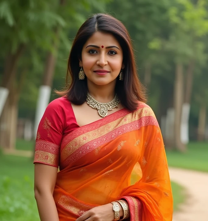 "A beautiful Bengali woman, middle-aged, with black hair, wearing a white blouse and a red sari, with skin as fair as milk, large breasts, attractive hips, and a slightly plump figure, standing milf proudly. In the background is a timeless rural Bengali scene."realistic pic