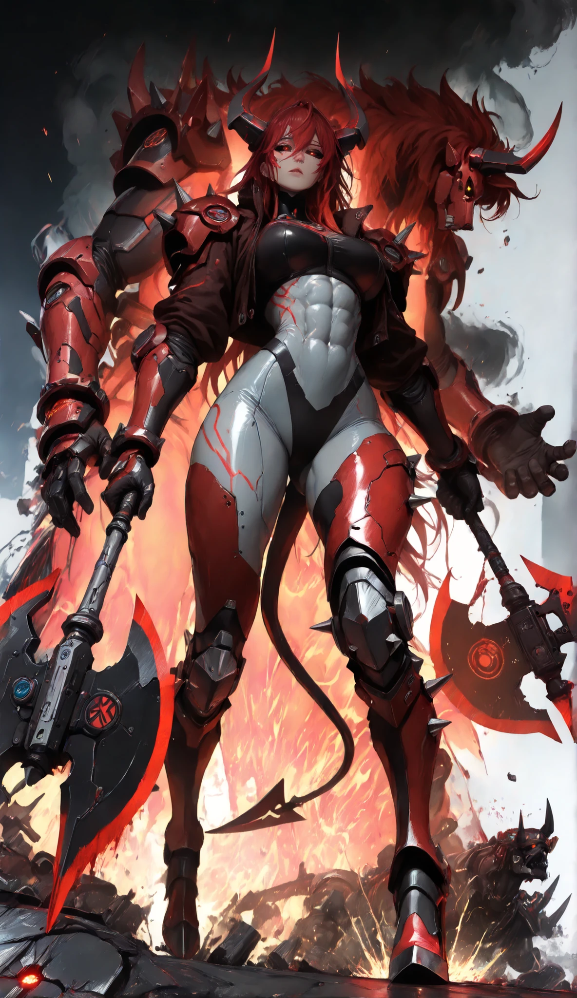 (masterpiece, best quality, ultra-detailed 8k, dark cinematic lighting:1.4), (moody red emergency lights casting dramatic shadows), 1woman,
(Techno-Berserker: towering cyber-enhanced female with glowing magenta eyes, black sclera), (cyber-bovine traits: towering obsidian platform heels shaped like stylized hooves, curved mechanical horns with plasma cracks, segmented whip-tail with razor edges), (arms: one scarred human with tribal markings, one cybernetic with pulsing plasma veins), (hair: wild crimson mane with neon-blue streaks, floating as if charged with static),
(armor: form-fitting tech bodysuit with hydraulic line implants, cropped top exposing defined abs, armored leggings with obsidian knee/leg plates, accents in glowing neon blue, deep crimson, and metallic silver), (jacket: short/open, tattered edges, layered over suit, spiked obsidian pauldrons/gauntlets, hints of gold plating on edges),
(weapon: colossal two-handed plasma axe, Lost Ark-style exaggerated design, blade crackling with unstable energy, dwarfing her frame),
(physique: hyper-muscular (arms/thighs), veined with synthetic enhancement, radiating heat waves),
(pose: standing atop a shattered war machine, axe dragged behind her, staring down the viewer as if challenging the next opponent),
(background: high-tech combat arena in ruins, emergency sirens flashing red, smoke and floating debris),
(effects: dynamic red lighting, neon blood splatter, distortion from rage energy), (art by Akihiko Yoshida and Kentaro Miura:1.3),
(style: hyper-detailed cyber-fantasy, gritty textures), (color palette: obsidian black as contrast, dominant blood crimson, neon plasma blue, deep metallic silver, accents of glowing gold), (mood: feral dominance, apocalyptic intensity)