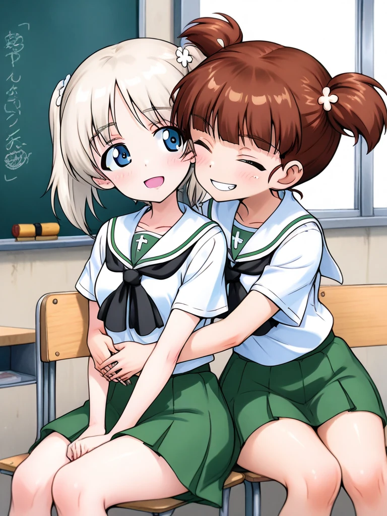 Highest quality,masterpiece,2person,hetero,Outdoor,((School building)),1girl,Green Eyes, Grey Hair, hair ornaments, bangs, Virtual YouTuber, blunt bangs, Double Bang, Animal ears, Flat Chest,uniform,Navy Blue Blazer,White shirt,Pink ribbon,Grey Skirt,Pink Panties,White long socks,Black low heels, :3,{{{{1boy,Black Hair,Short Hair,Shota,Put your face in the skirt,Men are down,Woman on top}}}}