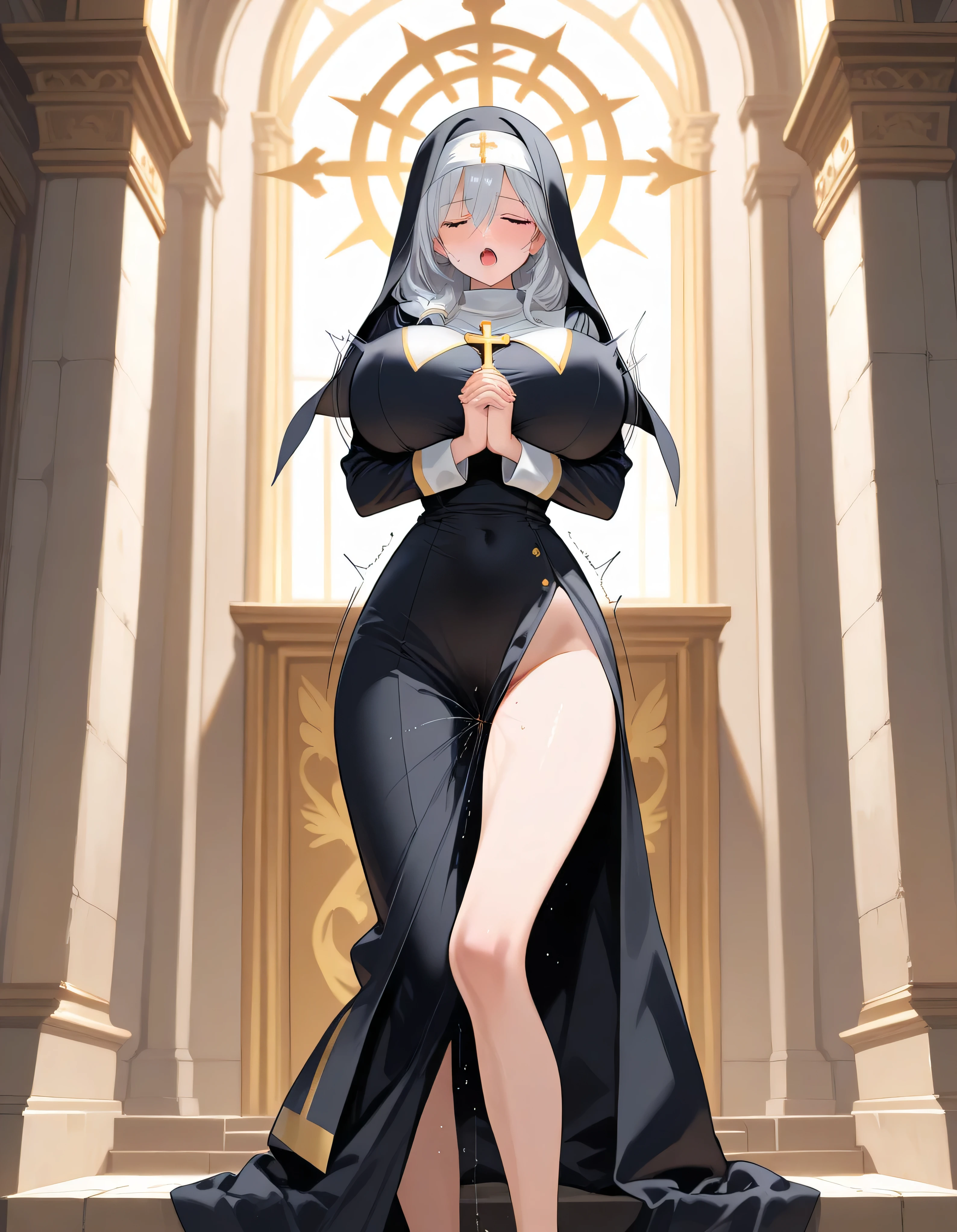 (solo 1 praying cute nun:1.3) standing in church, praying with holding hands together over chest, very thin, (black sheer long dress:1.5), (gigantic breasts:1.3), (bursting perky breasts:1.2), (black sheer long skirt:1.4), inconceivably thin waist, closing eyes, nose blush, open mouth, (heavy breathing:1.2), stained glass, full body, 8k, ultra-detailed, masterpiece, beautiful detailed hair