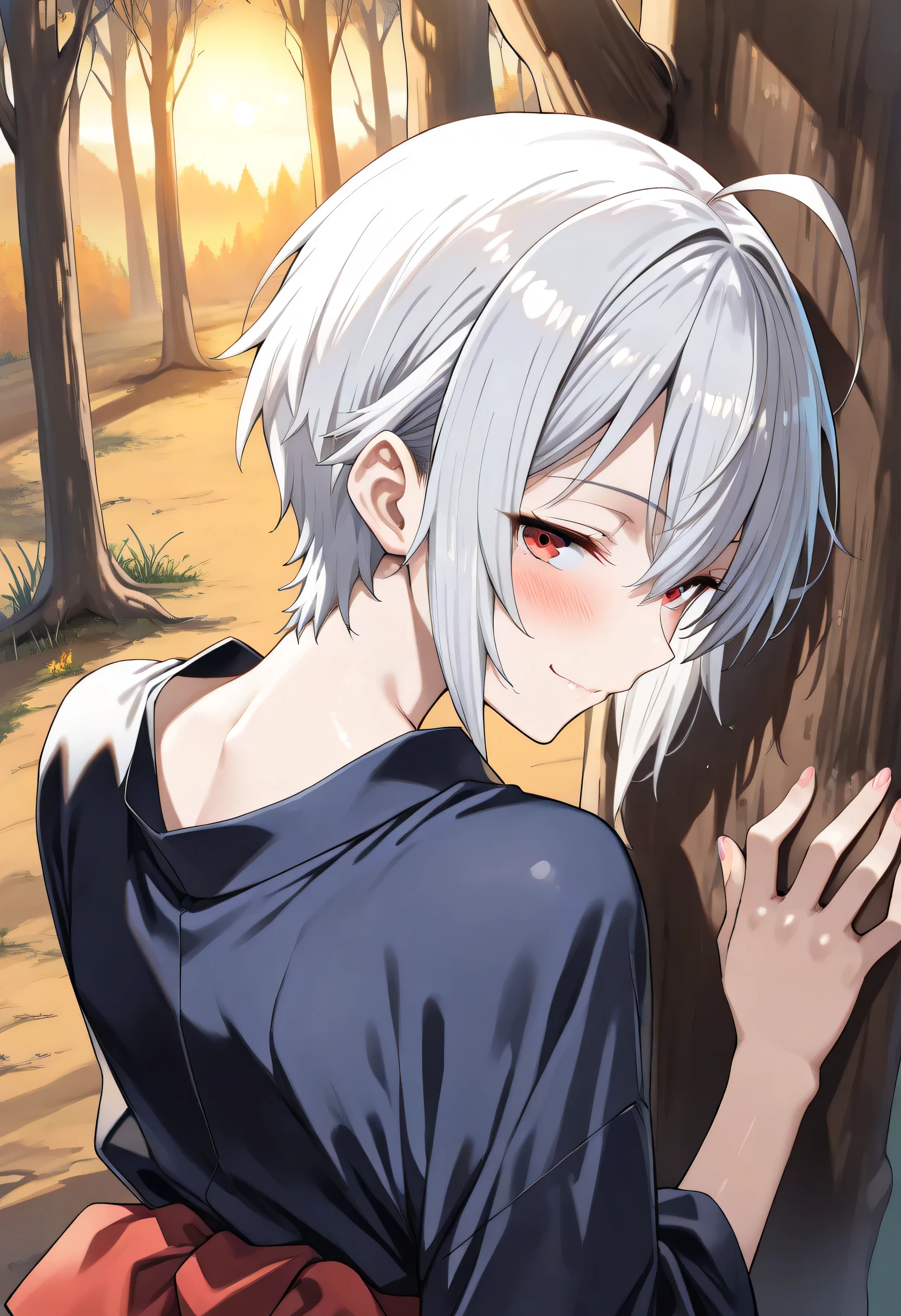 score_9, score_8_up, score_7_up, source_anime, masterpiece, ((femboy)), ((feminine male)), ((Ahoge)), ((White very-short hair)), red eyes, dark blue yukata, skinny body, seductive smile, blush, ((close mouth)), BREAK (((in forest))), sunset, leaning on tree, tush push, ((looking back)), ((looking at the viewer)),