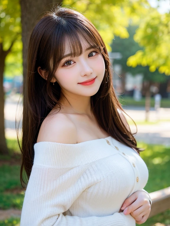 ((masutepiece, Best Quality, hight resolution, nffsw, Perfect Pixel, depth of fields, 4K, nffsw, nffsw))), 1girl in, Single, Solo, Beautiful anime girl, Beautiful Art Style, Anime Character, ((Long hair, Bangs, Brown hair)), ((Green eyes:1.4, rounded eyes, Beautiful eyelashes, Realistic eyes)), ((Detailed face, Blushing:1.2)), ((Smooth texture:0.75, Realistic texture:0.65, Photorealistic:1.1, Anime CG style)), ((medium breasts, cleavage, busty)), Dynamic Angle, Perfect body, ((POV, Selfie Pose, Portrait)), ((White sweater, Long sleeve, Black skirt, plaid skirts, Fashionable, 1 handbag, 1 diamond necklace)), Smile, Open mouth, amusement park, ((The cherry tree, Cherry blossoms fall))