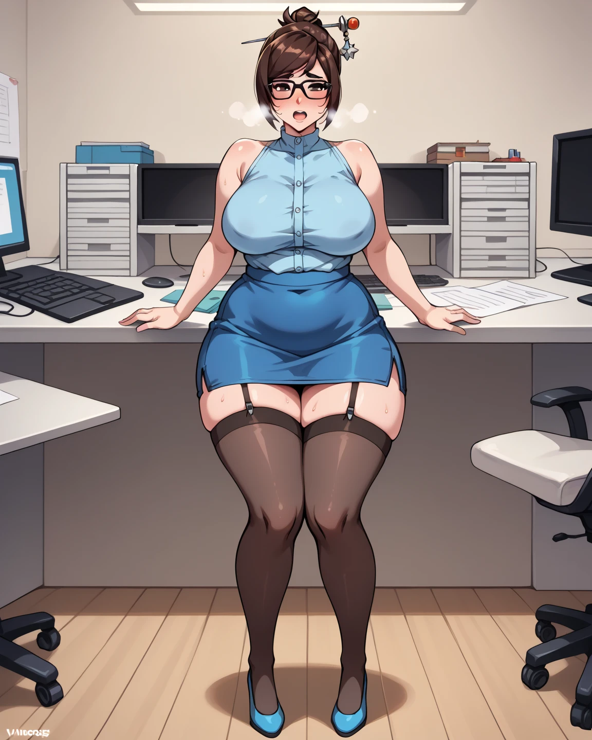 blush, smileglowing aura, natural light, masterpiece, glossy skin, juicy lips , ,sexy, hot, , cleavage, evil,juicy lips, bimbo, hour glass, indigo black hair, wide eyes, green eyes, massive , dark lighting, long hair, white bow, platform shoes, bow in hair, golden round glasses, indigo black hair, ((office outfit)), big , smile, pony tail, collared shirt