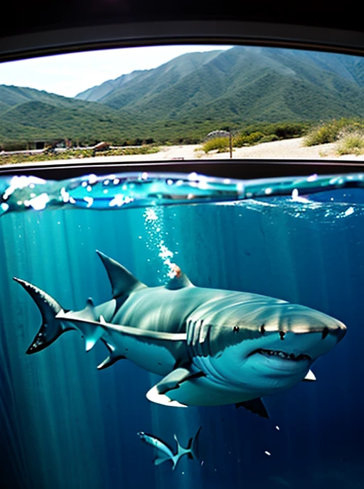 a sexy cat girl with a leather bikini, surfing on the back of a robotic shark, at a summer beach, (best quality,4k,8k,highres,masterpiece:1.2),ultra-detailed,(realistic,photorealistic,photo-realistic:1.37),detailed eyes, beautiful detailed face, long eyelashes, extremely detailed skin, dynamic action pose, ocean waves, palm trees, cloudless sky, warm sunlight, vibrant colors, cinematic lighting