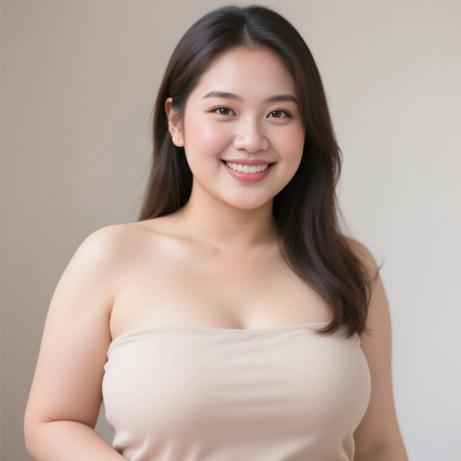 Upper body portrait of 1 girl's clothes (Tea-Length Dress : 1), proud and confident smile expression, short hair staring at the viewer, slightly chubby body, 
studio mode portrait, studio light, pure white background,