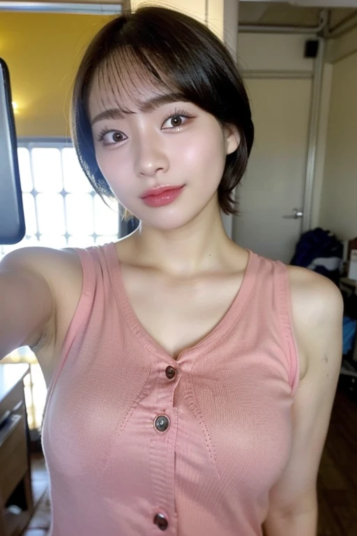 highest quality,masterpiece,Ultra-high resolution,(Realistic:1.4),Beautiful lighting, (Highly detailed CG Unity 8k wallpaper), Beautiful face in every detail,Detailed clothing, 50mm portrait photography, No background、One Girl,Big black eyes, cute, young, Temporarily stop, Facial Lighting, Physically Based Rendering,Written boundary depth , Black Hair, short hair, ((Take from above)), Japanese women、20-year-old、White shirt、(Big Breasts)、(Upper Body)、Young and beautiful woman taking a selfie, Taken with iPhone camera、In front of a white wall、Nipples are visible through the
