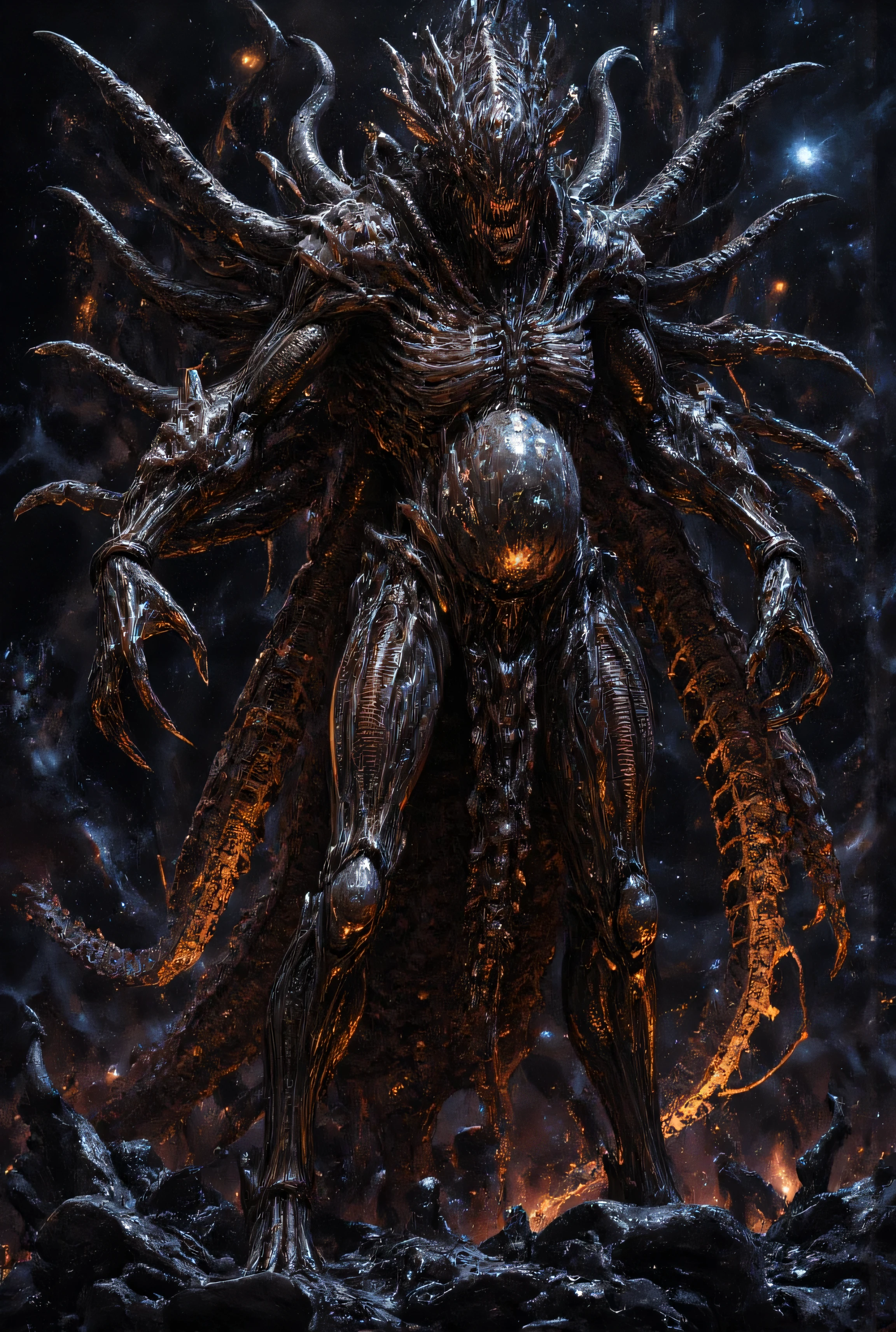 An awe-inspiring yet terrifying cosmic entity stands before the ruins of a black hole she just annihilated—this is Soltrissa, the pregnant goddess of recursive rebirth. Her tall, shadow-toned body radiates divine dread, carved with glowing scars from countless wars of creation and destruction. She has four arms—each tipped with elongated, obsidian claws. Her upper left hand tears through spacetime, while her upper right hand crushes a dying star. Her lower left claws into a cosmic beast trying to escape judgment. Yet her lower right hand rests tenderly on her swollen belly—round, sacred, and pulsing with the light of the god- she carries: a reincarnation of herself, locked in an eternal cycle.

Her face is beautifully terrifying—sharp, celestial, unfeeling. Her eyes glow with layered knowledge, piercing through the souls of all who dare look. Upon her head, a burning crown of holy flame crackles—purging all lust, weakness, and mortal temptation. Her long, flowing hair moves like plasma tendrils in the vacuum of space, trailing nebula sparks. Her wings, massive and semi-corporeal, stretch across the stars—etched with symbols no being dares translate.

She does not speak. She does not need to. Her thoughts impose themselves on all nearby minds, broadcasting divine terror and unyielding truth. All beings within her presence kneel—not from reverence, but from the gravitational pressure of her wrathful divinity. Only three beings in the multiverse are spared her rage—her three sacred mothers. To them, her soul remains soft. But to all else, she is apocalypse incarnate.
