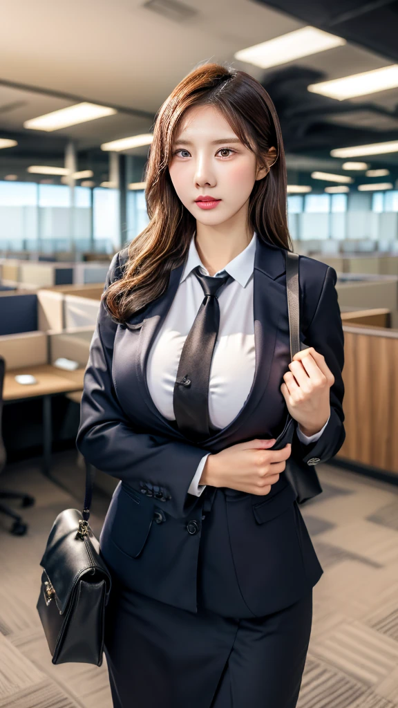 absurderes, Raw photo, Extremely delicate and beautiful, masutepiece, Best Quality, Ultra High Resolution, 16 K, hyper realisitic, Realistic, Photorealistic, Photorealsitic, Ultra-detailed, Perfect Anatomy, super detailed skin, Perfect figure, Very detailed CG 8k wallpaper, in her 20s, Very slim body, Narrow waist, Very small head, Very small face, Delicate facial features, tear moles, Earring, thin legs, (very massive round chest), ((Full body shot)), Short hair, (Wavy Hair), (light brown hair), (Wet clothes), (1 rapariga), (((Office Lady Suit))), ((knit shirt)), See-through, Jacket,