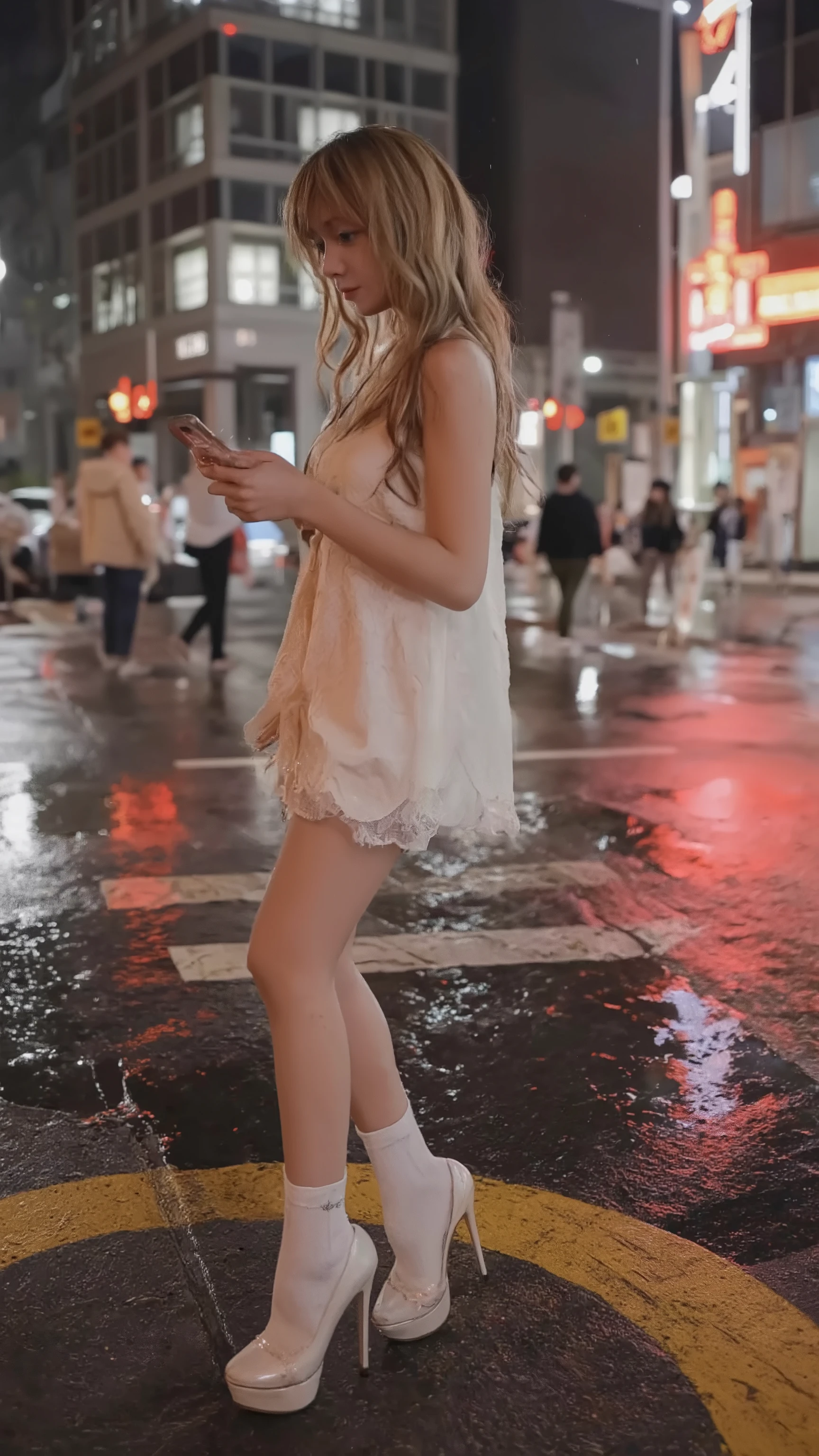 A photorealistic side view of a Japanese "gyaru" girl standing on a rainy street corner at night in Shibuya, Tokyo. The scene is lively with blurred crowds and glowing city lights reflecting off the wet pavement. She has long, wavy, blonde-dyed hair that is wet from the rain, sticking slightly to her face and shoulders. She wears a white, frilly mini-dress in ta fashion, paired with white over-the-knee socks that reveal a striking "zettai ryouiki" gap above her thick platform heels. She is not using an umbrella and holds her smartphone while waiting for someone. The lighting is cinematic, with reflections from neon signs, traffic lights, and illuminated buildings casting soft glows across the scene. The image captures her full figure from the side, emphasizing her soaked hair, detailed outfit, and the dramatic nighttime atmosphere of rainy Shibuya.