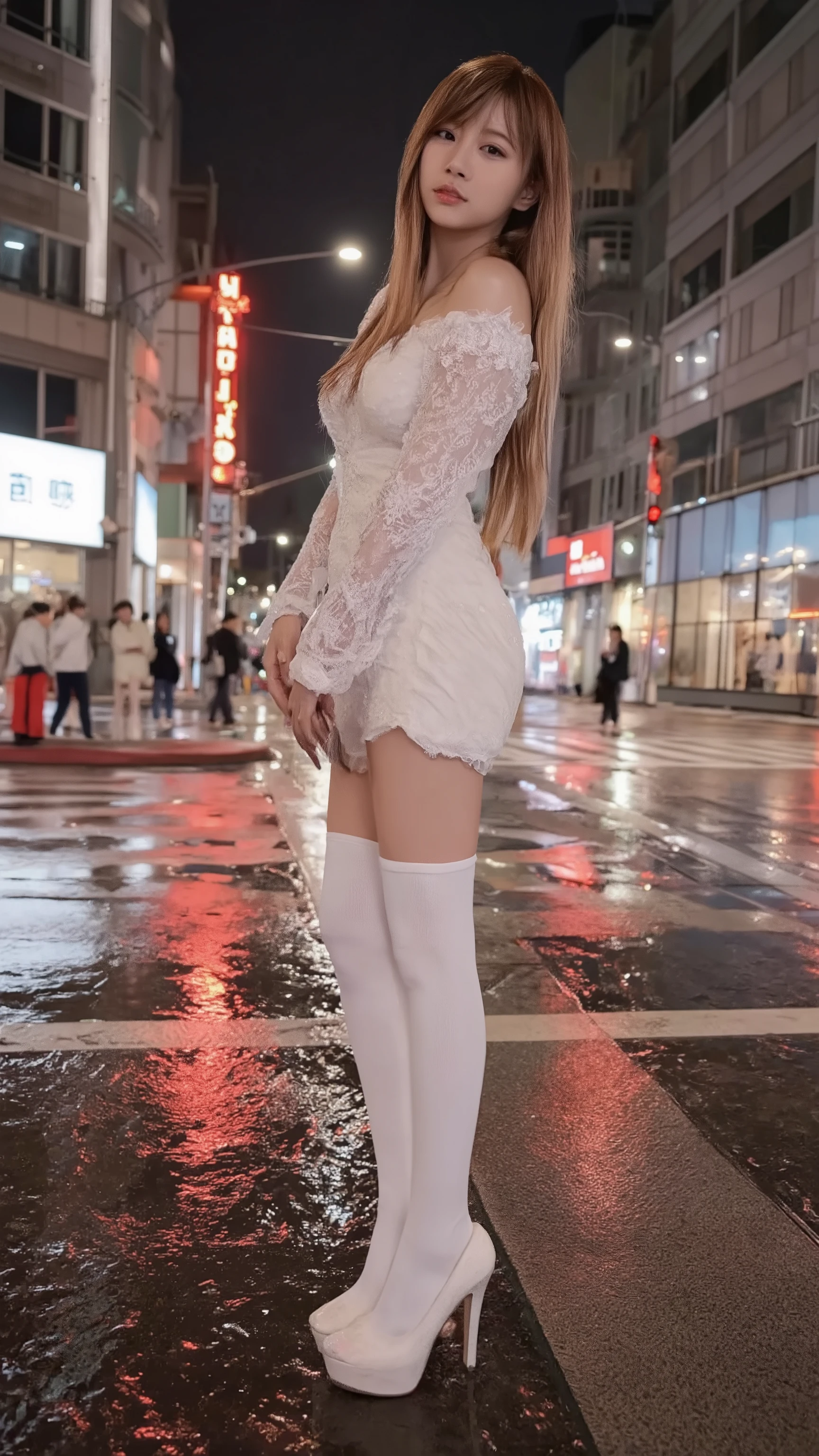 A photorealistic side view of a Japanese "gyaru" girl standing on a rainy street corner at night in Shibuya, Tokyo. The scene is lively with blurred crowds and glowing city lights reflecting off the wet pavement. She has long, wavy, blonde-dyed hair that is wet from the rain, sticking slightly to her face and shoulders. She wears a white, frilly mini-dress in ta fashion, paired with white over-the-knee socks that reveal a striking "zettai ryouiki" gap above her thick platform heels. She is not using an umbrella and holds her smartphone while waiting for someone. The lighting is cinematic, with reflections from neon signs, traffic lights, and illuminated buildings casting soft glows across the scene. The image captures her full figure from the side, emphasizing her soaked hair, detailed outfit, and the dramatic nighttime atmosphere of rainy Shibuya.